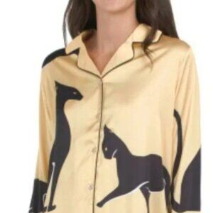 DALIA MACPHEE Satin Sphinx Pajama 2PC Set Gold/Black Size: XL NWT